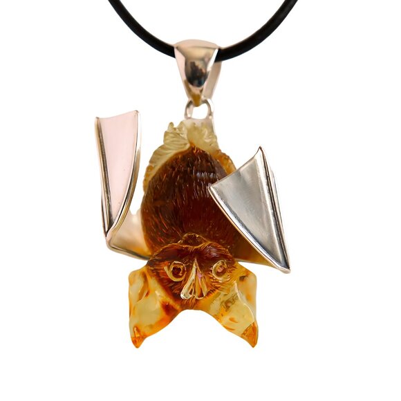 Hand-Carved Baltic Amber Nosferatu Bat Pendant Necklace - Picture 1 of 6